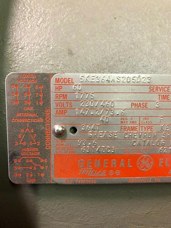 Used General Electric 5KE364AS205D23, 60HP, 1775 RPM, 364T Frame, Electric Motor