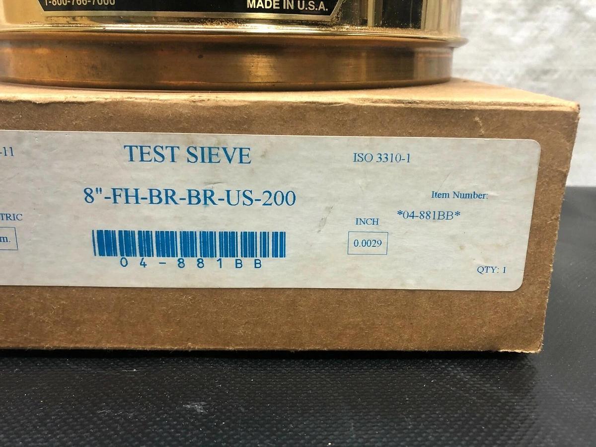 Used Fisher Scientific Brass Test Sieve, No. 200, Pore Size: 75 um, 8” Diameter