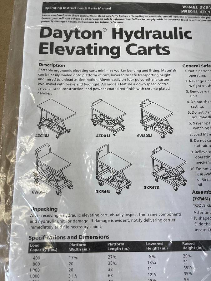 Used Dayton 6W804J Hydraulic Elevating Cart, 2000 lbs Capacity, with Manual