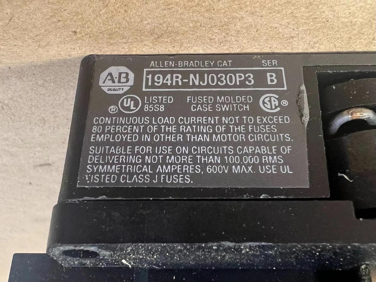 Used Allen Bradley 194R-NJ030P3 Disconnect Switch w/ On/Off Button