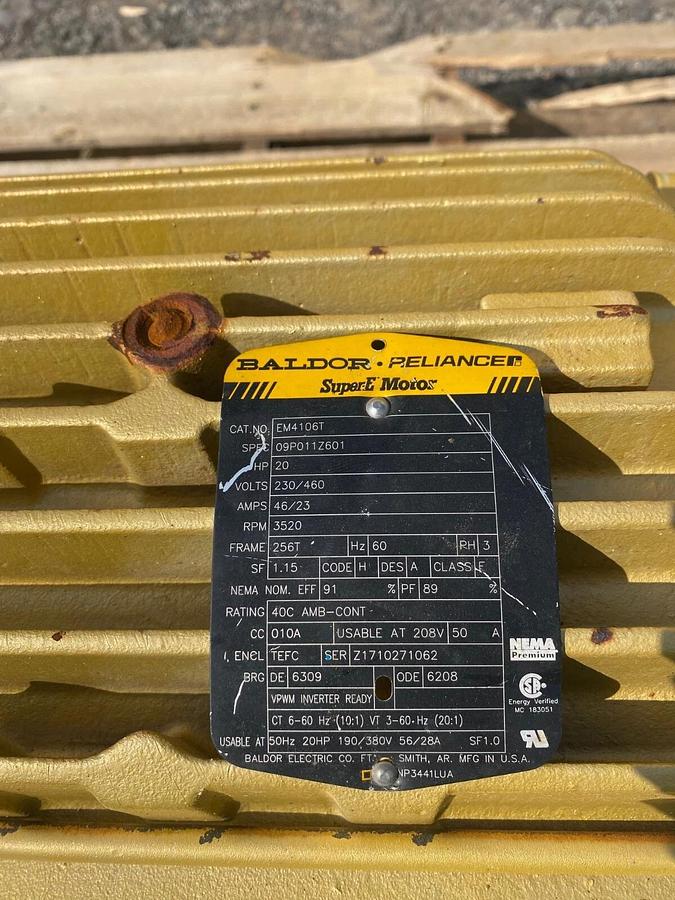 Used Baldor Reliance EM4106T 3 Phase Super E Motor 20HP 3520RPM 256T Frame 230/460V
