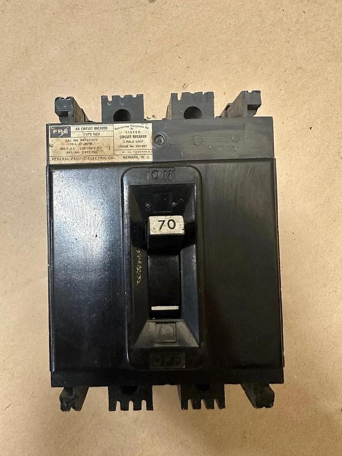 Used Federal Pacific Electric Company NEF431070 70A 3 Pole Circuit Breaker