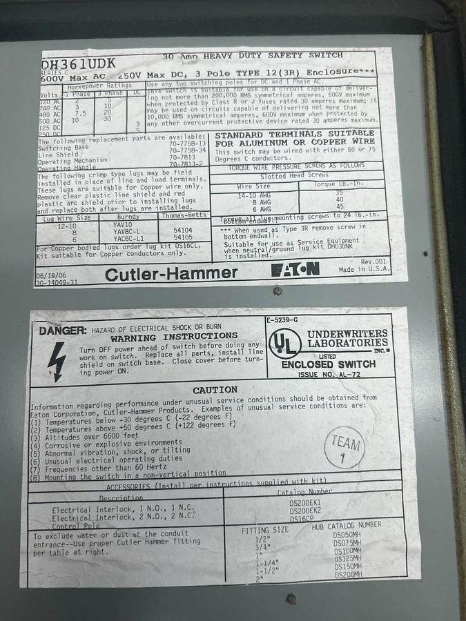 Used Cutler Hammer DH361UDK Heavy Duty Safety Switch 600V, 30A - Lot of 2