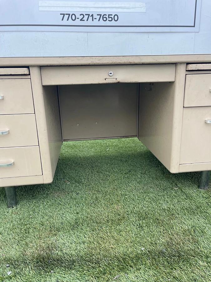 Used Vintage Tank Desk, 5 Drawer, Beige Frame, Metal, Top Length: 60”, Top Width: 30”