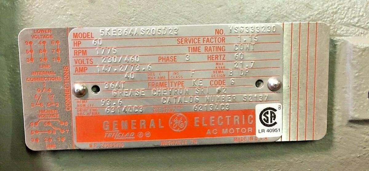 Used General Electric 5KE364AS205D23, 60HP, 1775 RPM, 364T Frame, Electric Motor