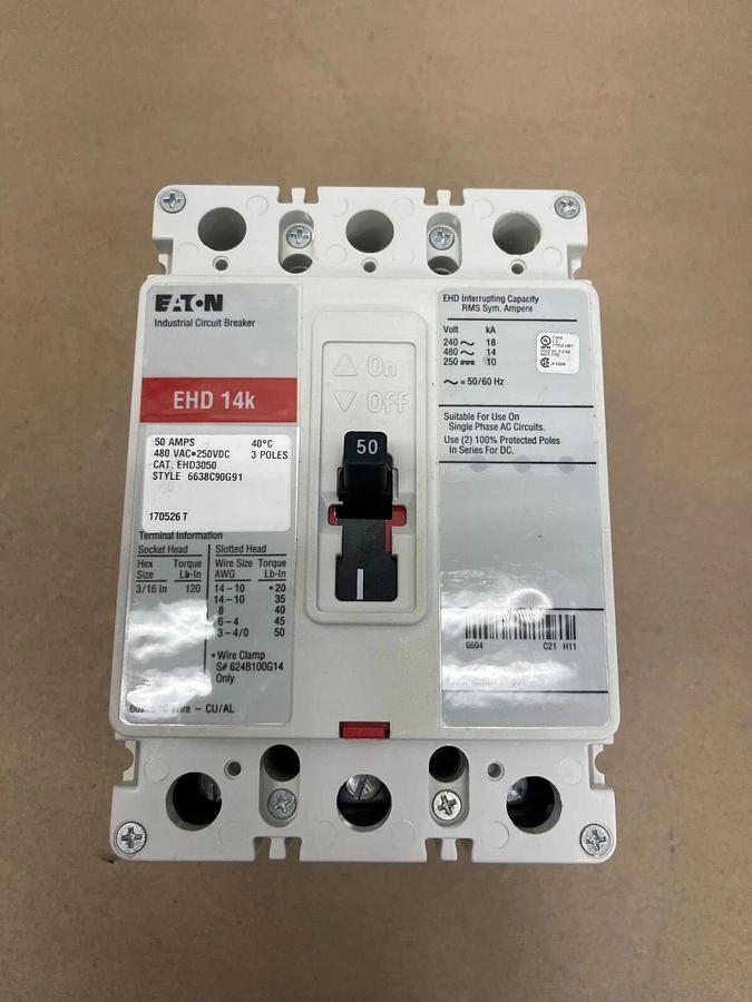 Used Eaton EHD3050 Ind Circuit Breaker Ser C, 3 Poles 50/60Hz 50A 480VAC/250VDC