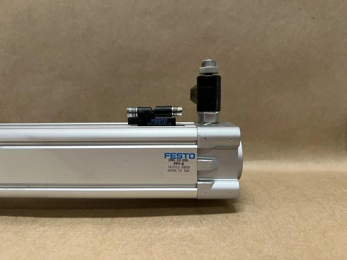 Used Festo FENG-32-200-KF Guided Pneumatic Cylinder Unit w/ DNC-32-200-PPV-A Cylinder