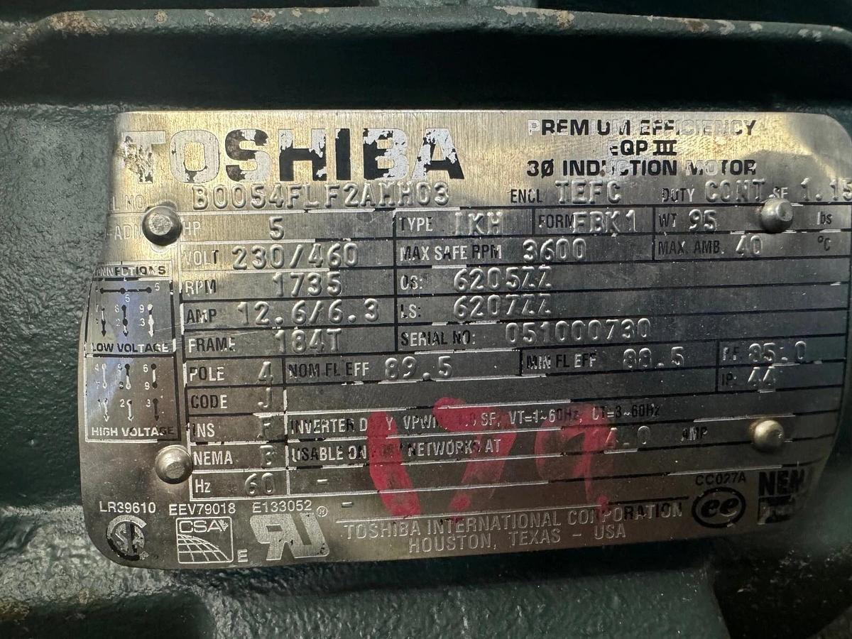 Used Toshiba B0054FLF2AMH03, 5 HP Motor, 1735 RPM, 230/460 V, 3 Ph, TEFC Fr, 60 Hz