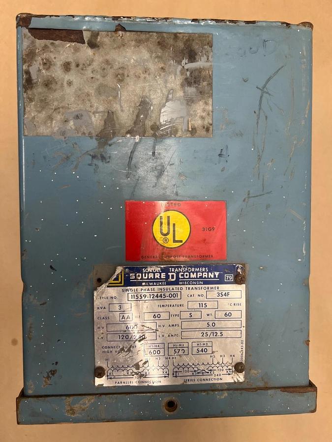 Used Square D 11559-12445-001 Single Phase Insulated Transformer, Class AA