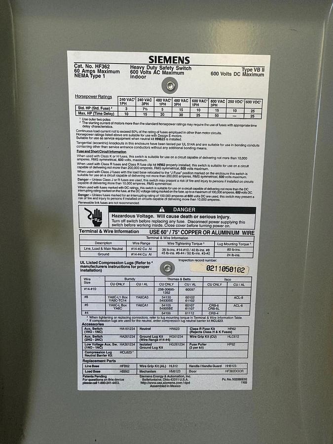 Used Siemens HF362 Heavy Duty Safety Switch, 60 Amps, 600 Volts