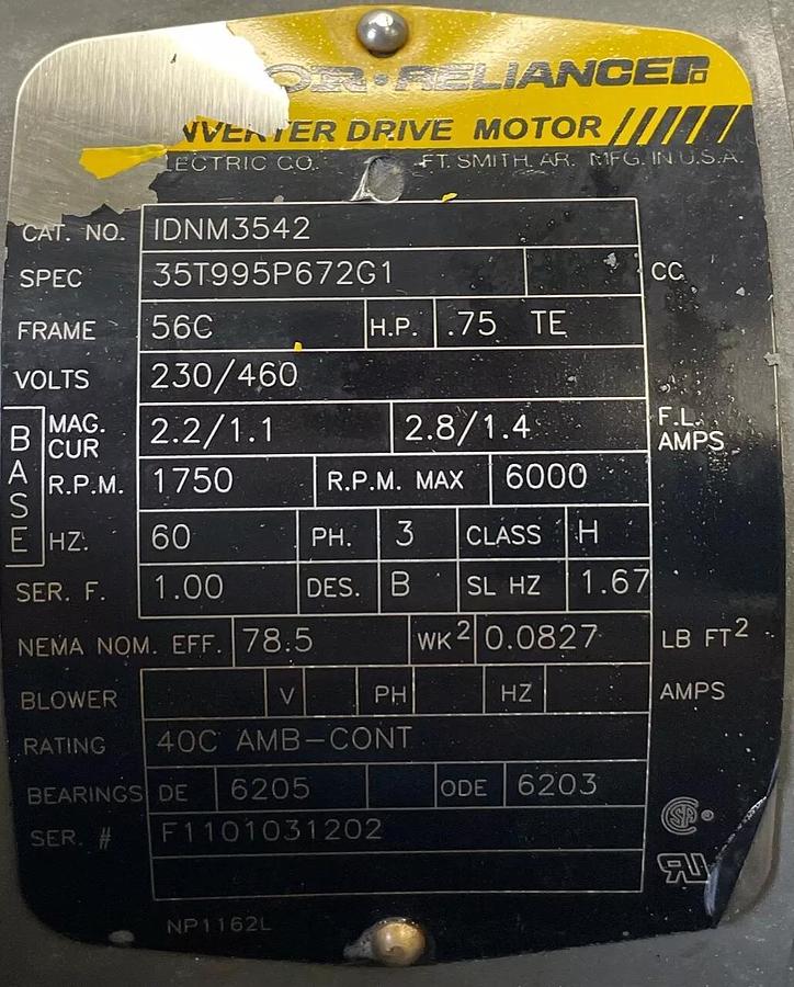 Used Baldor-Reliance IDNM3542 Inverter Drive Motor, .75 HP, 230/460 V, 6000 RPM Mac
