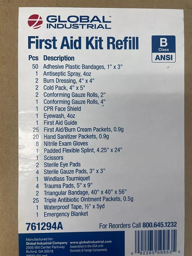 Used Global Industrial 761294A First Aid Kit Refill Class B