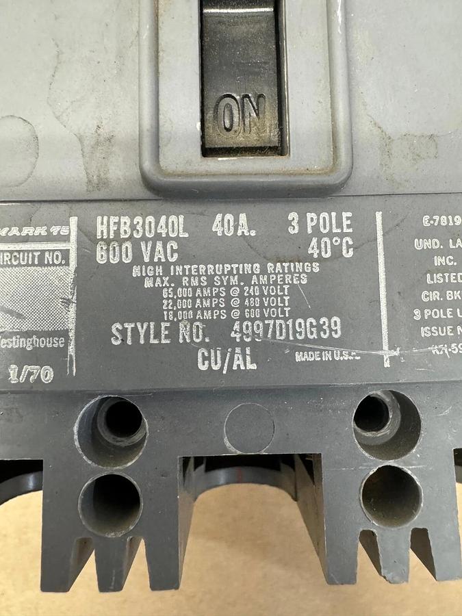 Used Westinghouse HFB3040L Circuit Protector, 40 A, 3 Pole, 600 VAC