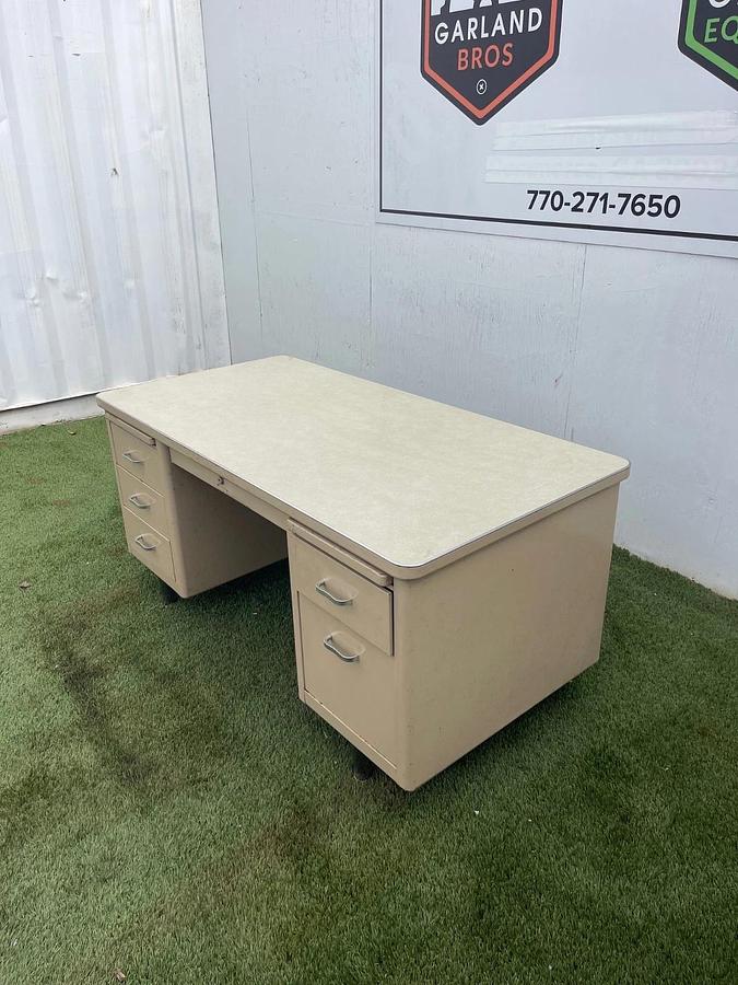 Used Vintage Tank Desk, 5 Drawer, Beige Frame, Metal, Top Length: 60”, Top Width: 30”