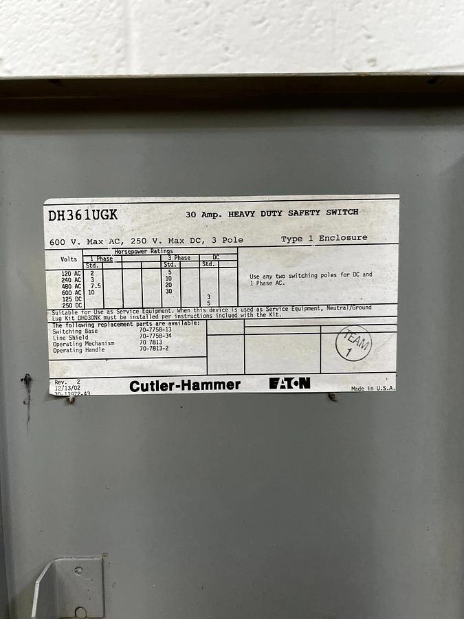 Used Cutler Hammer DH361UGK Switch Disconnect, 30 Amp, 600 Volt