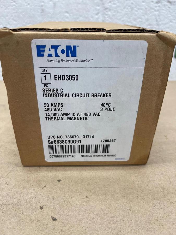 Used Eaton EHD3050 Ind Circuit Breaker Ser C, 3 Poles 50/60Hz 50A 480VAC/250VDC
