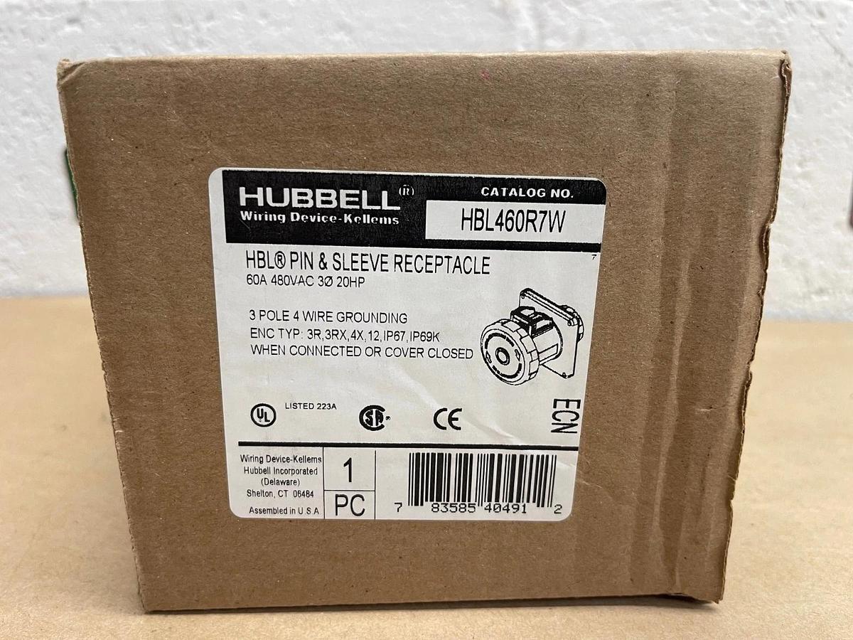 Used Hubbell HBL460R7W Pin & Sleeve Receptacle, 60A, 480V, 3 Phase