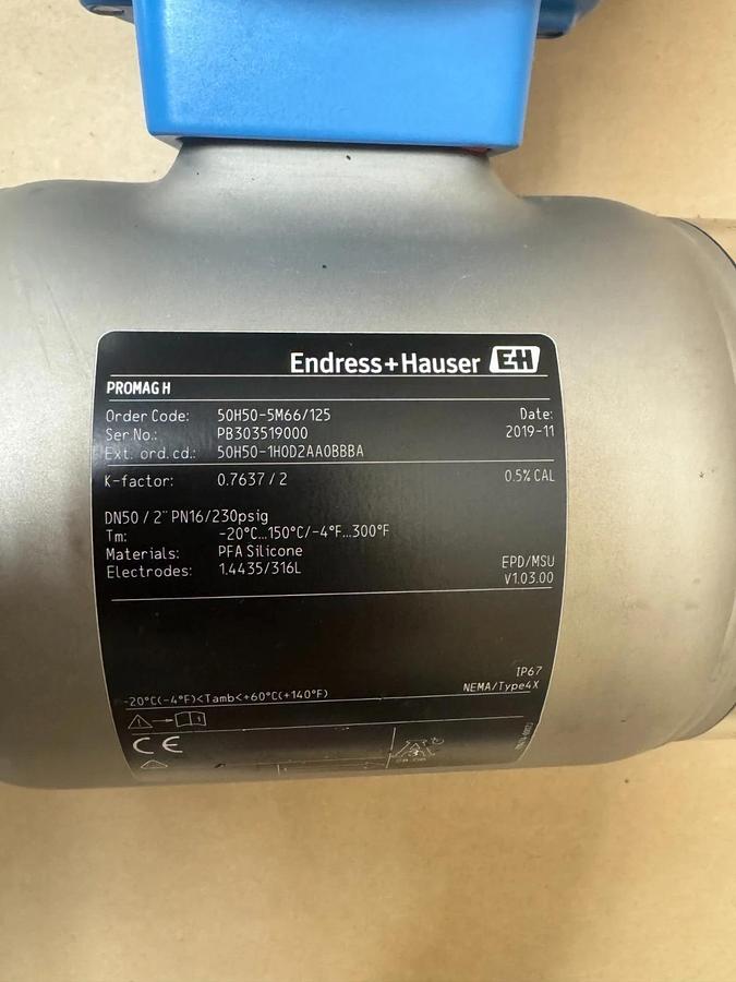 Used Endress + Hauser PROMAG 50 + PROMAG H 50H50-5X36/0 Electromagnetic Flowmeter 2"