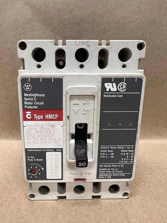 Used Westinghouse HMCP050K2C B 50A, 3Pole, Ser C Motor Circuit Protector