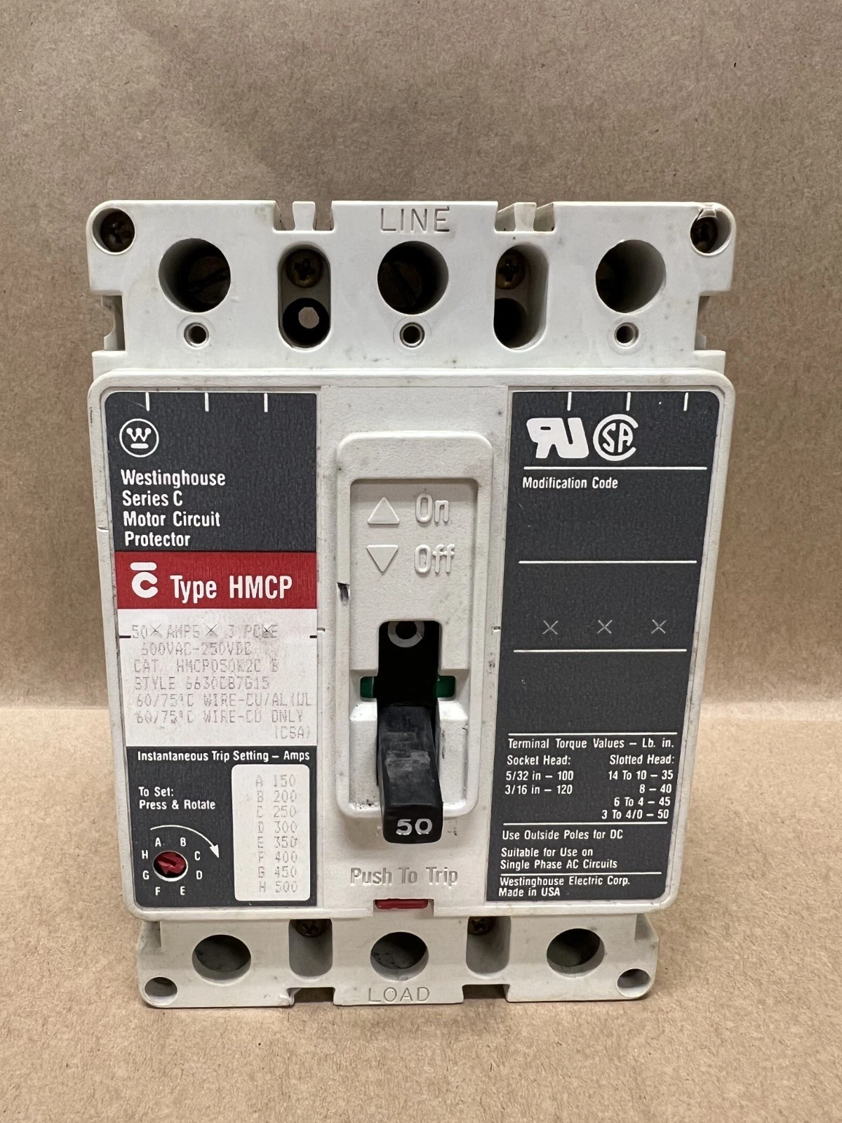 Used Westinghouse HMCP050K2C B 50A, 3Pole, Ser C Motor Circuit Protector
