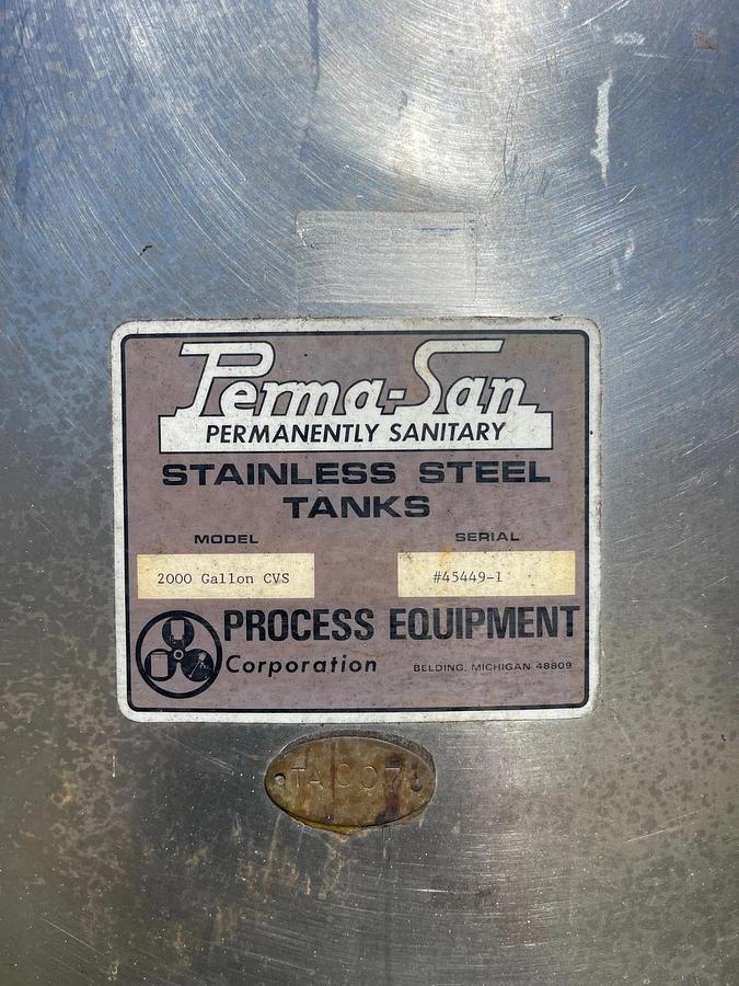 Used Process Equipment Corp 2000 Gallon Perma-San Stainless Steel Tank, Dia: 80”