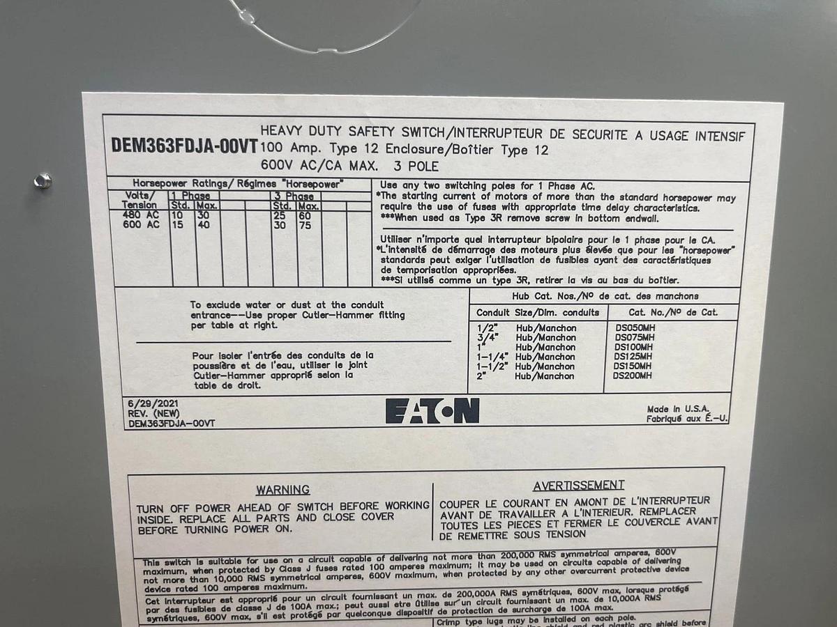Eaton DEM363FDJA-00VT Heavy Duty Safety Switch, 100A 600V *NEW*