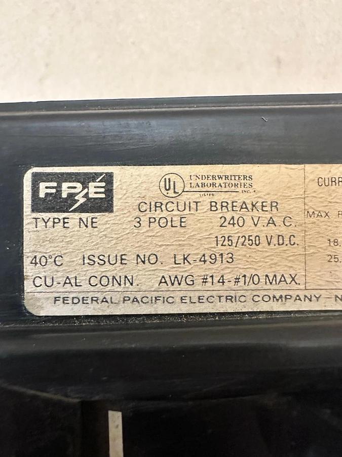 Used Federal Pacific Electric Company NE 70A 3 Pole Circuit Breaker