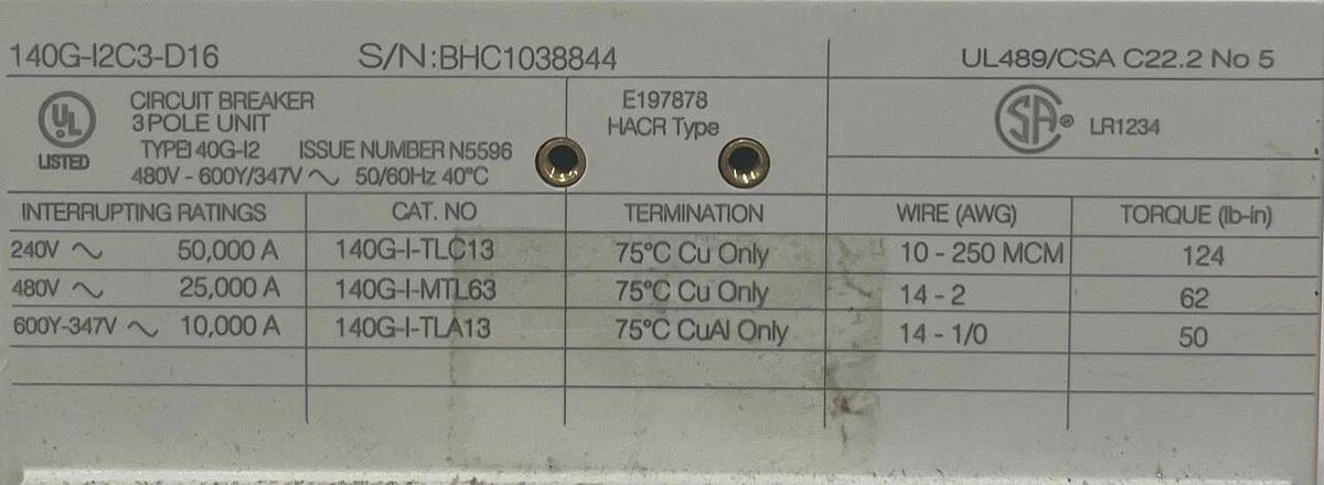 Used Allen Bradley 140G-I2C3-D16, Circuit Breakers, 3 Poles, 225 A