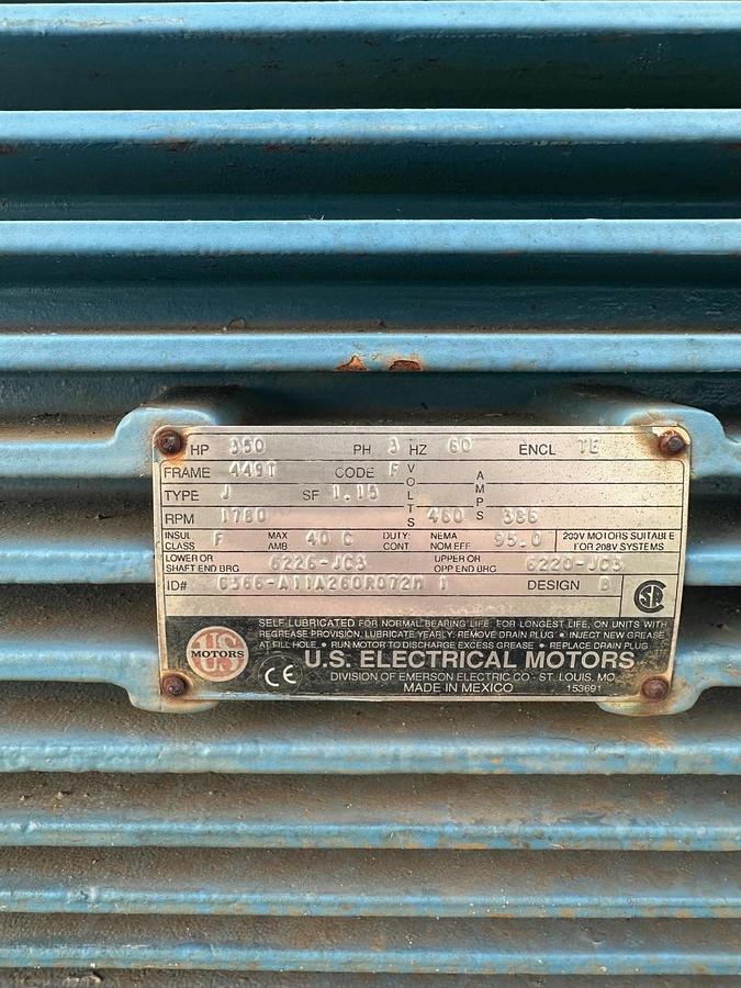 Used U.S. Electrical Motors 6366-A11A260R072M 350Hp @ 1780RPM, 460V, 3 Phase, 60Hz