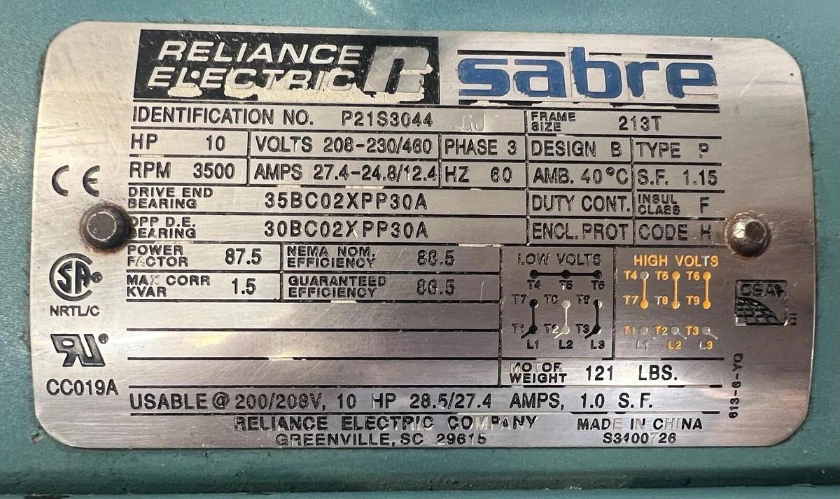 Used Reliance Electric P21S3044 Sabre Motor 10Hp 3500RPM 3Ph 60Hz 208-230/460V