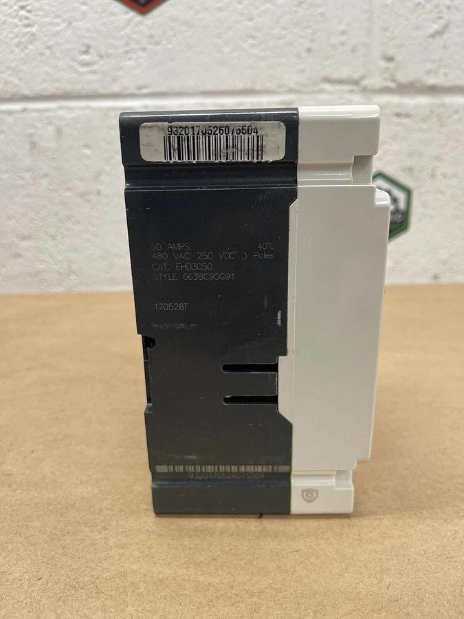 Used Eaton EHD3050 Ind Circuit Breaker Ser C, 3 Poles 50/60Hz 50A 480VAC/250VDC