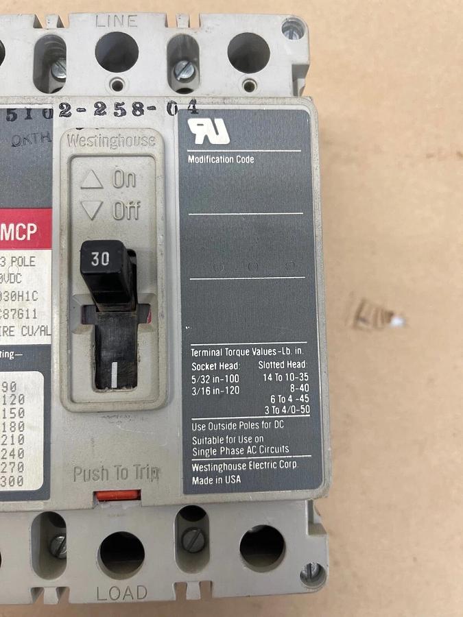 Used Westinghouse HMCP030H1C Motor Circuit Protector Ser C, 30A 3 Pole 600VAC-250VDC