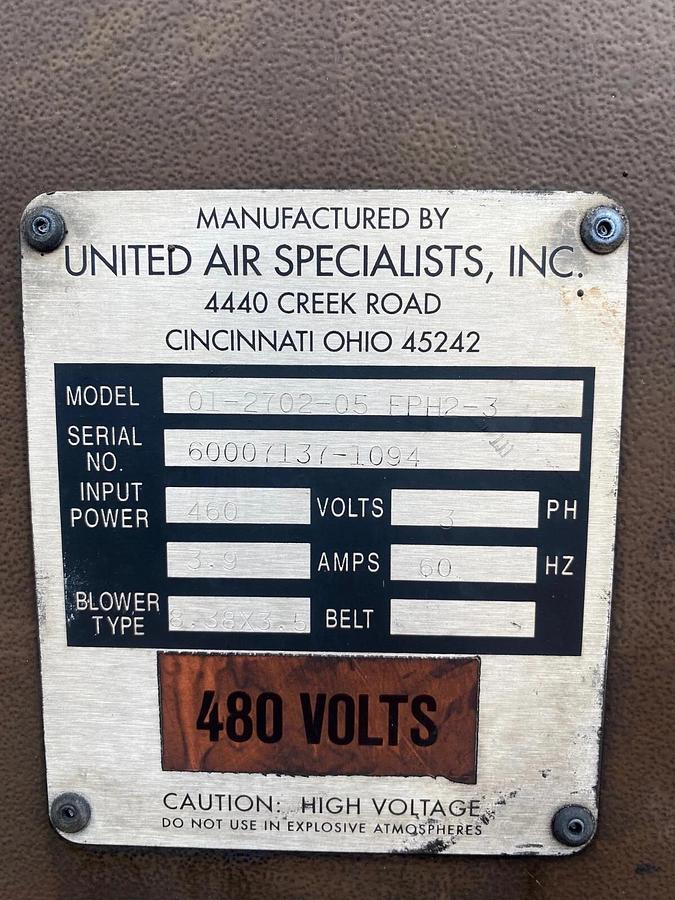 Used United Air Specialist FPH2-3 Dust Hog Dust Collector, Blower Type 8.38 x 3.5