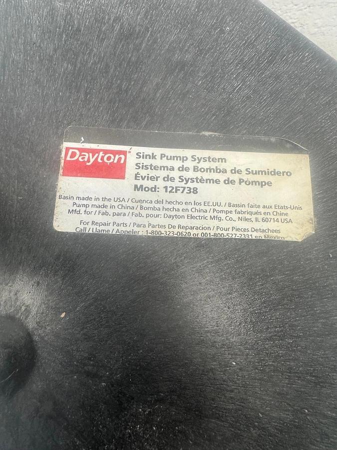 Used Dayton 12F738 Sink Drain Pump, 1/3Hp, Thermoplastic