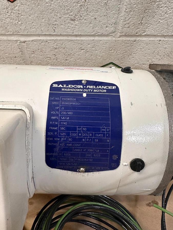 Used Baldor Reliance VWDM3538 0.5hp 230/460V 1.6/.8A Washdown Duty Motor, Gear Box