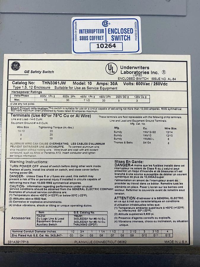 Used General Electric THN3361JW Heavy Duty Safety Switch Non-Fusible 3 Pole 30A