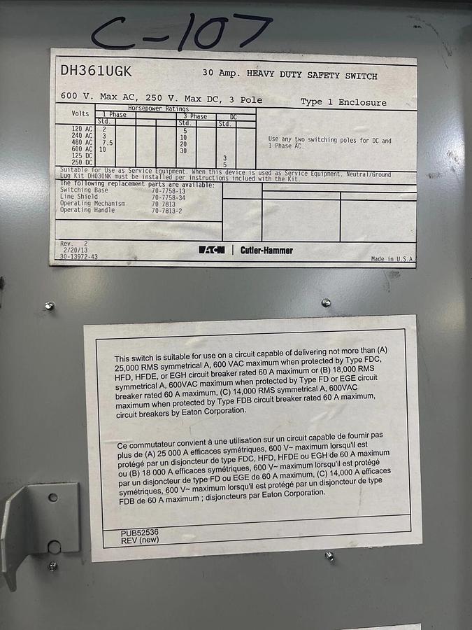 Used Eaton Cutler-Hammer DH361UGK , 30 A, Non-fused Safety Switch
