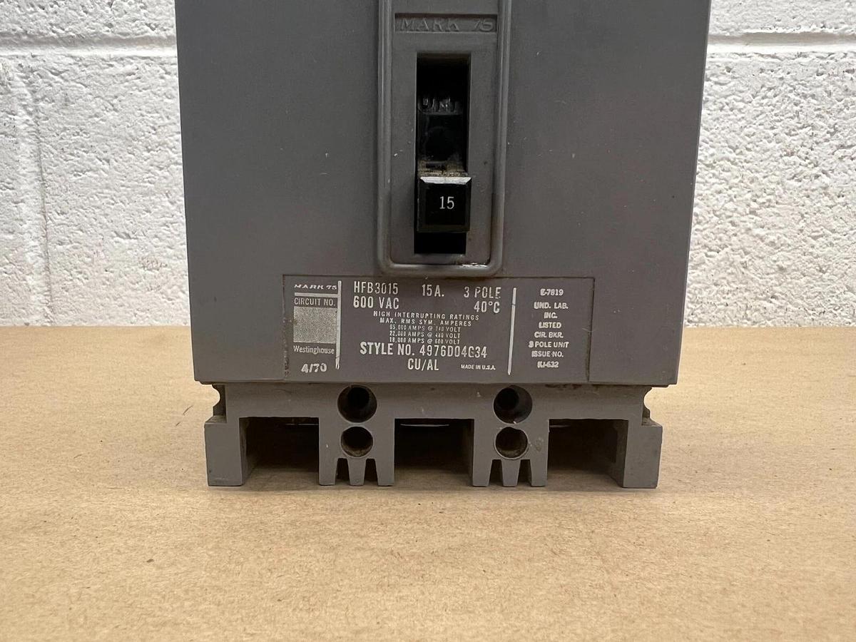 Used Westinghouse HFB3015 15 Amp, 600 VAC Circuit Breaker