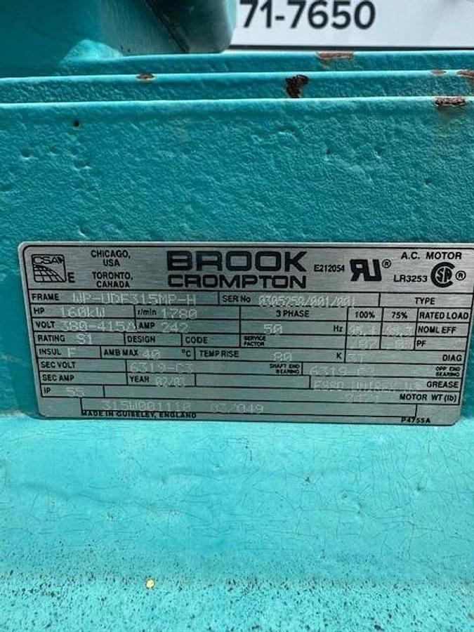 Used Brook Crompton WP-UDF315MP-H AC Motor 160kW 1780RPM 380-415V 242A 3 ph