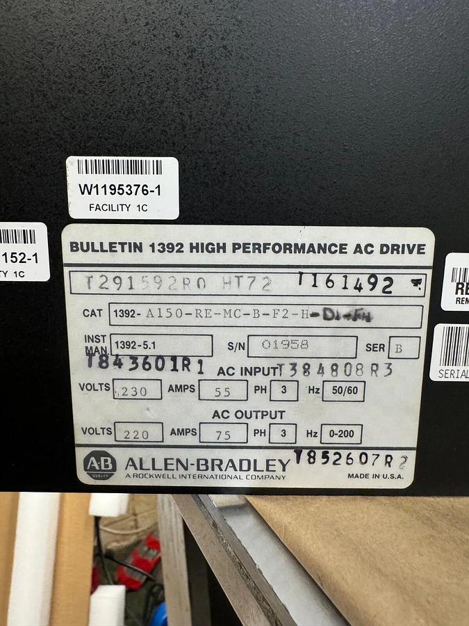 Allen Bradley 1392-A150-RE-MC-B-F2-D1-F4 High Performance AC Drive, Series B