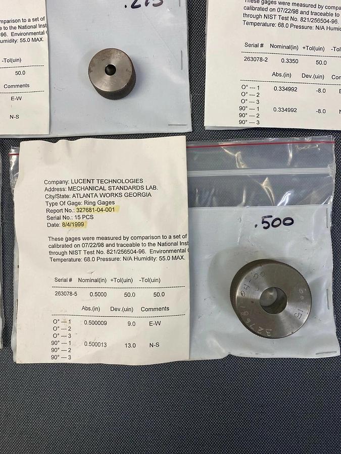 Used Ring Gage Carbide Go No Go LOT of 5 w/ Calibration Paperwork