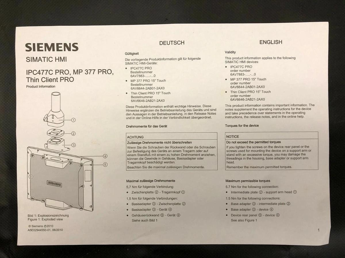 Siemens 6AV6646-2AB21-2AXO SIMATIC Thin Client - 15” Touch Display