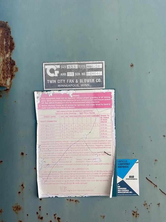 Used Twin City Fan & Blower Co 933 RBR-SW CCW Up Blast - No Motor