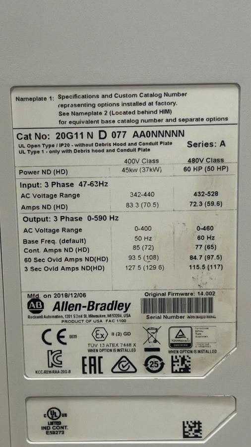 Used Allen Bradley PowerFlex 755, 20G11ND077AA0NNNNN, Frame: 5, Series A, 60Hp VFD