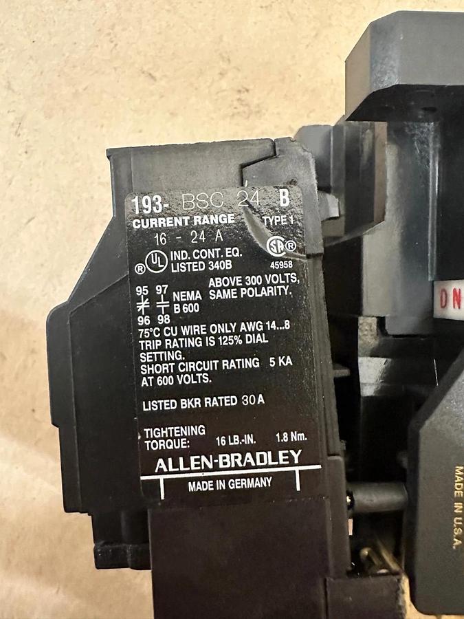 Used Allen Bradley 100-A24ND3 Contactor w/ 193-BSC 24