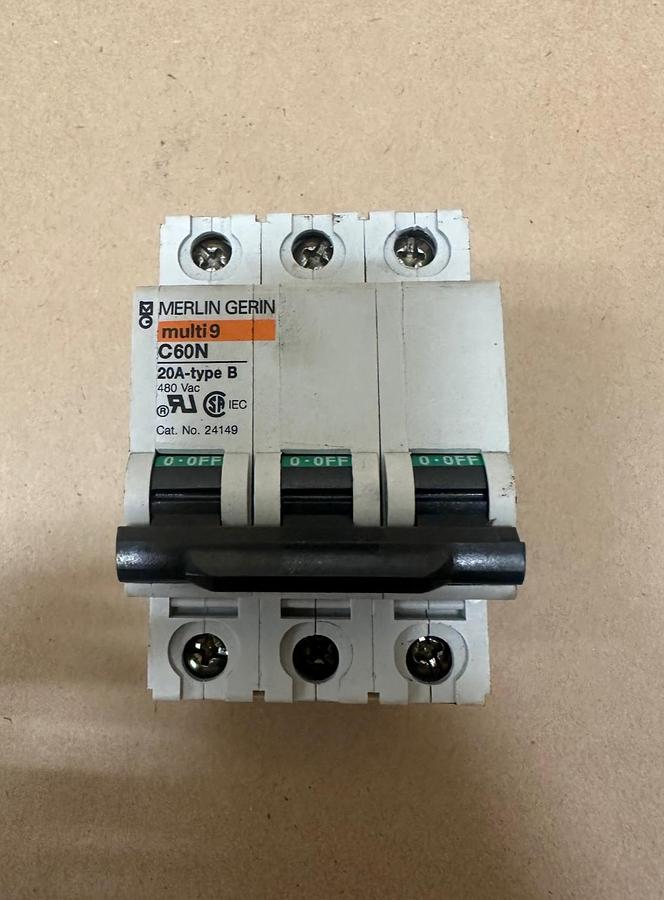 Used Merlin Gerin C60N Multi 9, 20A-Type B 3 Pole, 480VAC Breaker