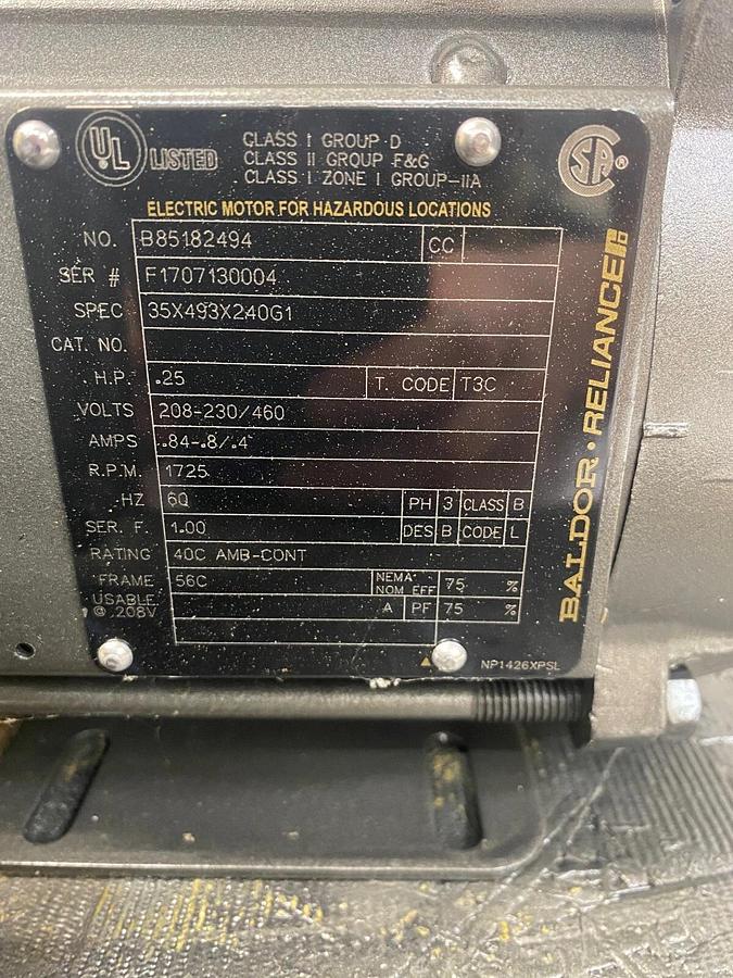 Used Baldor Reliance B85182494 Electric Motor 1/4hp, 1725RPM, 3 phase