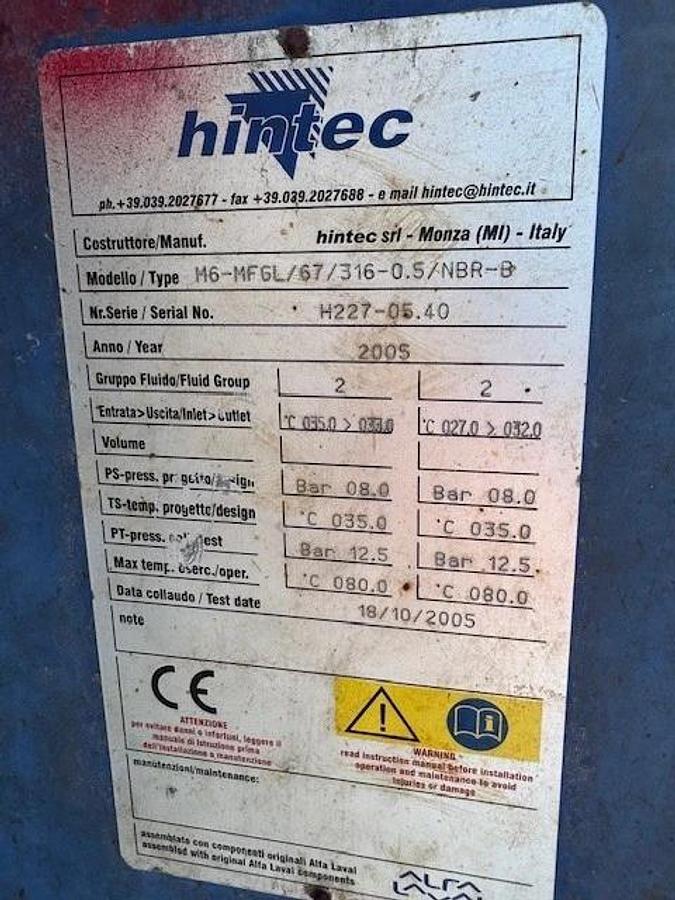 Used Hintec M6-MFGL/67/316/-0.5/NBR-B Gasketed Plate Heat Exchanger