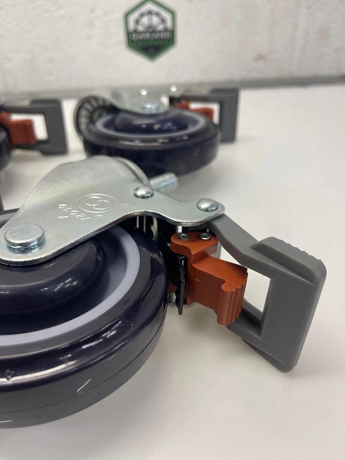 Used Globe 4" Caster Swivel Lock Med Duty 1” Tall Stem 1/2” Thread Polyurethane Wheel