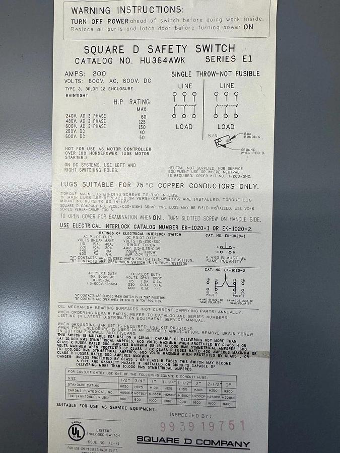 Used Square D HU364AWK 200A Heavy Duty Safety Switch, 600V, Series E1